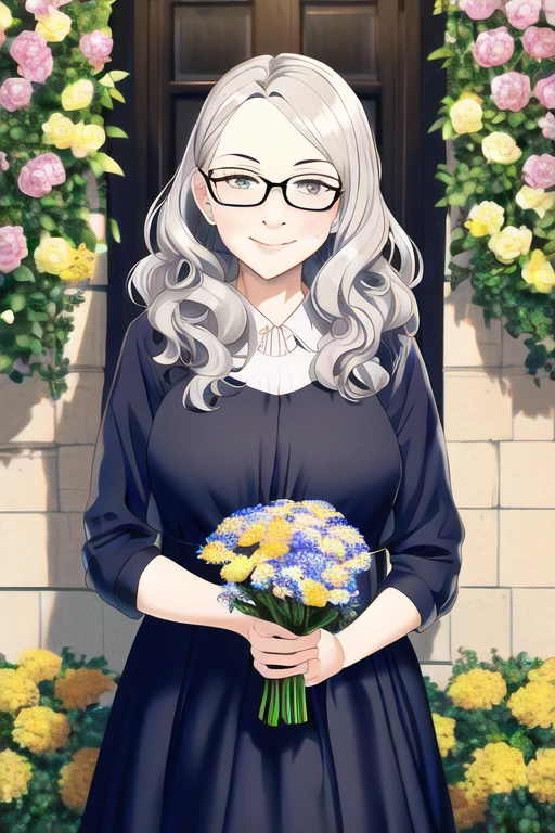 [NovelAI] cheveux ondulés lunettes fleur femme âgée robe [Illustration]